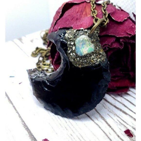 Obsidian and opal moon pyrite encrusted Necklace - Picture 2 of 10
